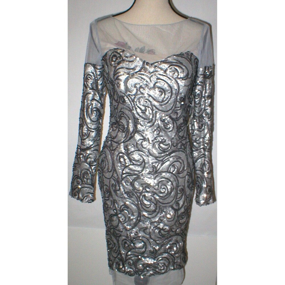 New NWT Designer Silver Badgley Mischka Womens 6 Metallic Sequin Cocktail Dress
